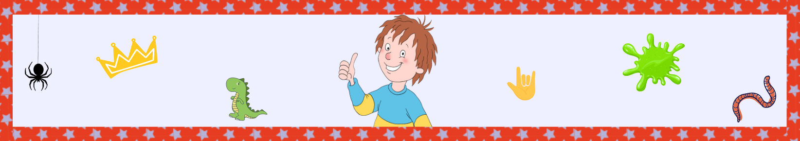 Graphic featuring Horrid Henry in the centre with other elements such as a spider, a crown, a dinosaur, a "rock on" hand emoji, slime and a worm on either side of Henry