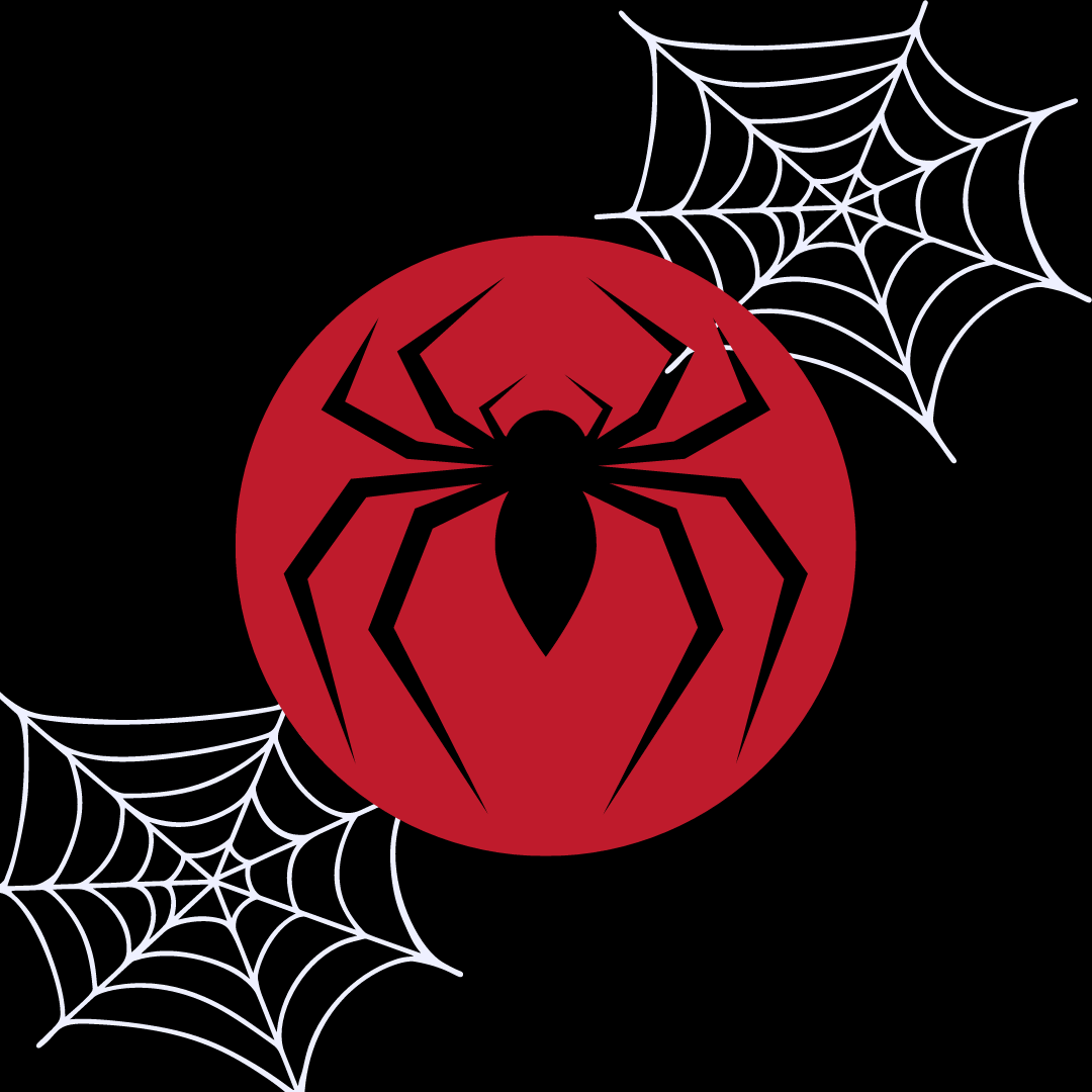 Spider Man logo against a black background, with two spider webs on the top right and bottom left corner